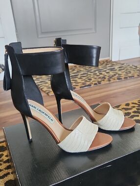 Karl Lagerfeld Laken Black and Cream High Heel Ankle-Strap Sandals